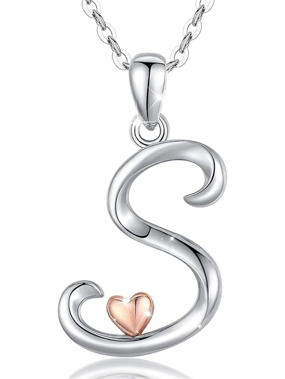 Women's Initial S Necklace Sterling Silver Letter Pendant Rose Gold Heart Chain